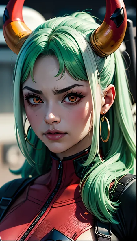 Yamato, long White and green hair, big eyes red iris eyes, big candonga earrings, red and Orange horns, wearing deadpool látex suit, extremely thight