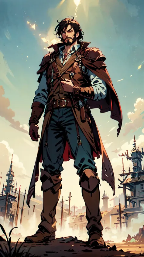 (masterpiece:1.2, best quality:1.2, extremely delicate:1.2), ((male:1.5)), a middle-aged man with short black and gold hair, rugged eyebrows, a full beard, downturned triangular eyes, an arrogant expression, mouth open laughing, a tall and robust build, a ...