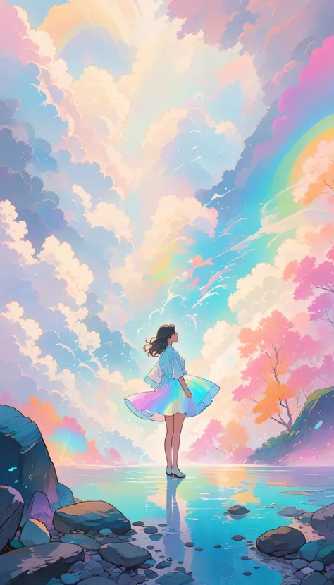 Soft pastel colors, Cartoon-style illustration of a woman looking at the world while experiencing hallucinations, Stones were thrown at, Splash Art, Splash Pastel Colors, (soft Iridescent glowy smoke) Motion Effect, Highest quality, Wallpaper Art, Ultra-hi...