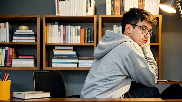 Back view of a boy sitting at a desk, studying in front of a computer. The boy is wearing glasses and a hoodie. There are books scattered on the desk and a lit lamp. The photo should be taken from behind the boy, ensuring his face is not visible. The scene...