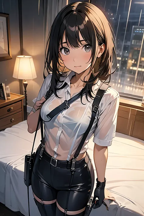 1 female, , high quality, masterpiece, Ultra-high resolution, , Cinema Lighting, , , And the suspenders with the cranes flying　　　Large Breasts　 　 　　　　Small face　 　　　holster　　　　　　　 Lying in bed　Looking up　　　　Sweat 　　　belt　summer　脇Sweat 　Black Hole Gloves　su...