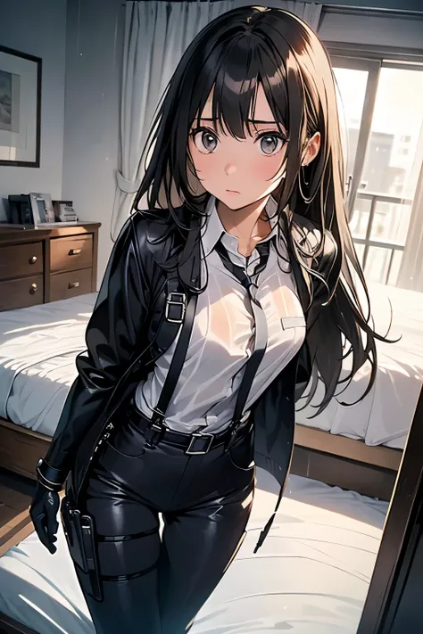 1 female, , high quality, masterpiece, Ultra-high resolution, , Cinema Lighting, , , And the suspenders with the cranes flying　　　Large Breasts　 　 　　　　Small face　 　　　holster　　　　　　　 Lying in bed　Looking up　　　　Sweat 　　　belt　summer　脇Sweat 　Black Hole Gloves　su...