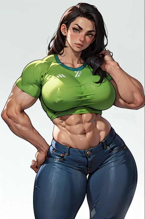 ((((muscular 1girl massive breasts)))) ((((thick thighs toned body)))) (pale skin) black hair yellow eyes very long hair tight shirt tight pants