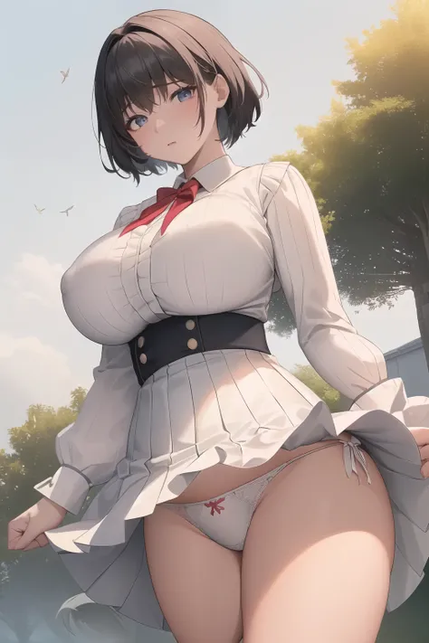 masterpiece, Highest quality, there is nothing, hmhy1, Short Hair, White Dress, Frills, ribbon, Long sleeve, Open clothes, Are standing, Outdoors,(Schoolgirl uniform), (Expressionless face), High contrast shiny oily skin,, Huge long breasts, Naughty big、bi...