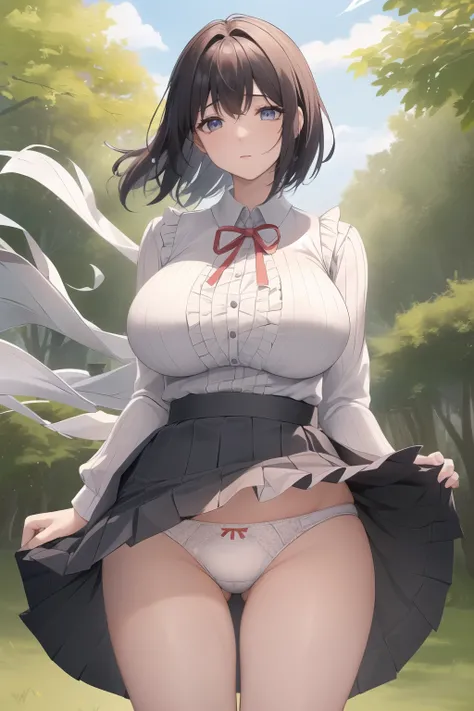 masterpiece, Highest quality, there is nothing, hmhy1, Short Hair, White Dress, Frills, ribbon, Long sleeve, Open clothes, Are standing, Outdoors,(Schoolgirl uniform), (Expressionless face), High contrast shiny oily skin,, Huge long breasts, Naughty big、bi...