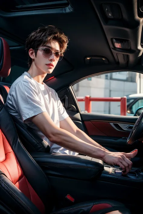 (front view:1.4), 1man white shirt, korean style, brown(spike hair), sunglasses, blurry_background, red neon light, holding the steer(fererri) inside the sports car(luxury interior of cabin)