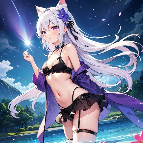 (Highest picture quality), (Masters work),(Detailed eyes description),(Detailed face description)(back view), 1girl,purple eyes, white hair,(very long hair),very long hair (floating in the wind), back-view, looking back, hair ornament, flower hair ornament...