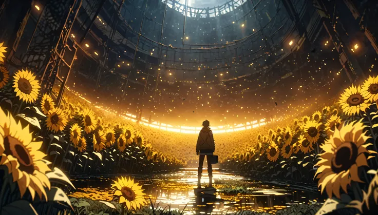 anime scenery, anime aestetics, huge sunflower, rotten sunflower, old farmfield, flies in the air, sad atmosphere, glowing light orange seeds, spiky stem, old flower, toxic swamp,toxic yellow fog, dim light, front view, wide shot, atmospheric perspective,...