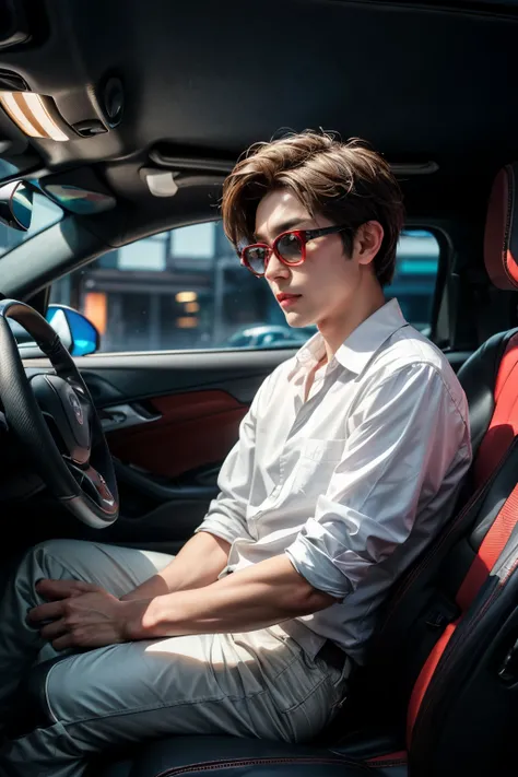 (front view:1.4), 1man white shirt, korean style, brown(spike hair), sunglasses, blurry_background, red neon light, holding the steer(fererri) inside the sports car(luxury interior of cabin), ((realistic))