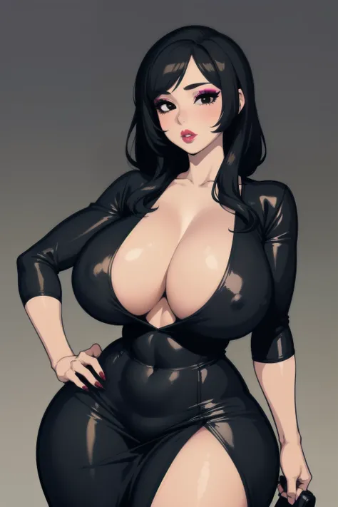 1girl,solo,black hair,black eyes, huge breasts, round ass, wide hips, hand on hips, makeup ,lipstick ,big lips, black dress 