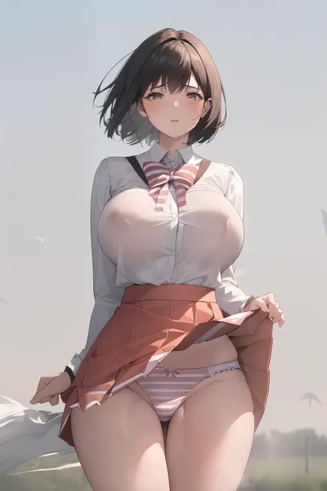 Short Hair, White Dress, Frills, ribbon, Long sleeve, Open clothes, Are standing, Outdoors,(Schoolgirl uniform), (Expressionless face), High contrast shiny oily skin,, Huge long breasts, Naughty big、big breasts attention、Naughty thighs、H Cup、solo、White und...