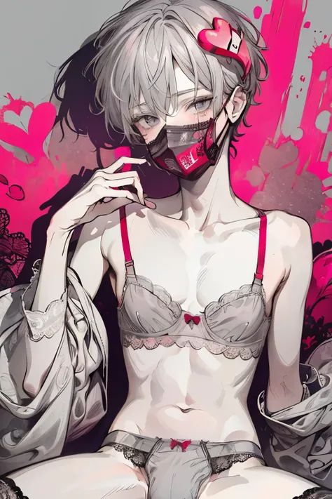 Beautiful young man, coral pink-haired, ((Gray eyes)),(short wave hair:1.2), (Face mask:1.2),((underwear、bra、lingerie、lace:1.2)),clear wear,High quality, amount of drawing, pixiv illustration,(heart:1.2),close-up Face,red-cheek,(NSFW:1.0),((hand inside und...