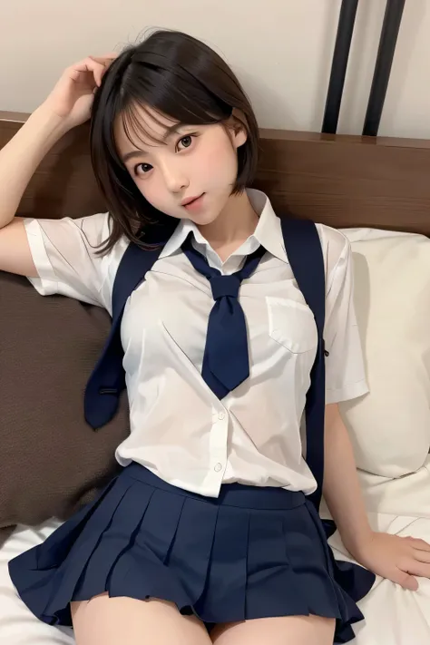 (Cute Japanese Girls), Sexy 18 year old girl, (The cutest faces), Thin chest, Thin thighs, short hair, On the bed, (((school uniform))), ((model like sexy pose)), (expression in orgasm), ((lying on)), 