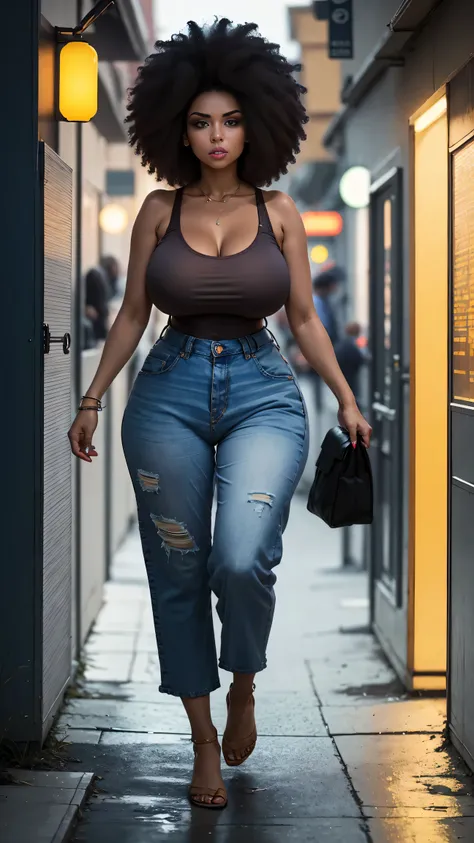 A sexy woman with big breasts and an athletic body walking on a red-lit avenue, yellow and blue lights Afro hair short jeans tank top yellow jumpsuit 