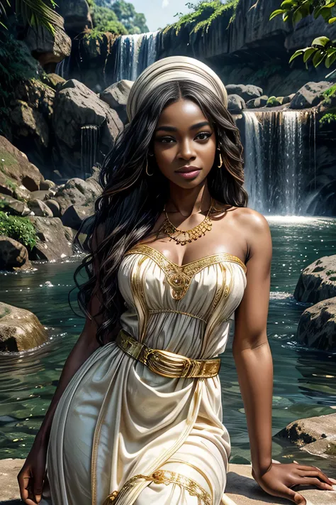 (marvelous,Nigerian),Bela,beautiful  face,eyes large,soft smiling,by the sea,wavy,soft skin,Buckles at the ends,fashion dress,looking like a divine beauty, in a quiet, sunny location,flowers garden,Coloring,with stone veins,Ivory and gold,The murmur of the...