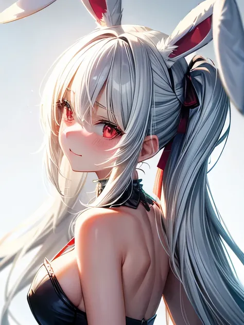 High definition, Anime girl with white hair and bunny ears, Red eyes, Shy blush, , Side Shot。