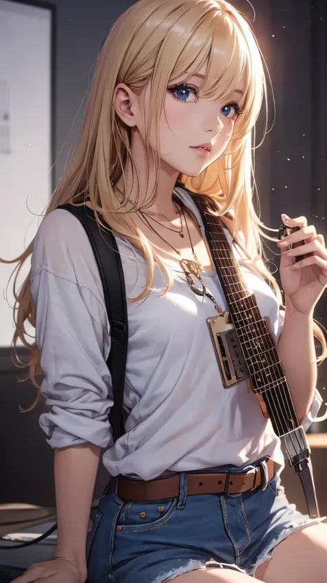 (highest quality,4K,8K,High resolution,table top:1.2), Super detailed, (realistic,photorealistic,photo-realistic:1.37), ((full body)),rage, Unfortunate,((blonde hair)), ((long hair)),black camisole, damaged denim jeans,necklace,((playing-the-guitar)),((sin...