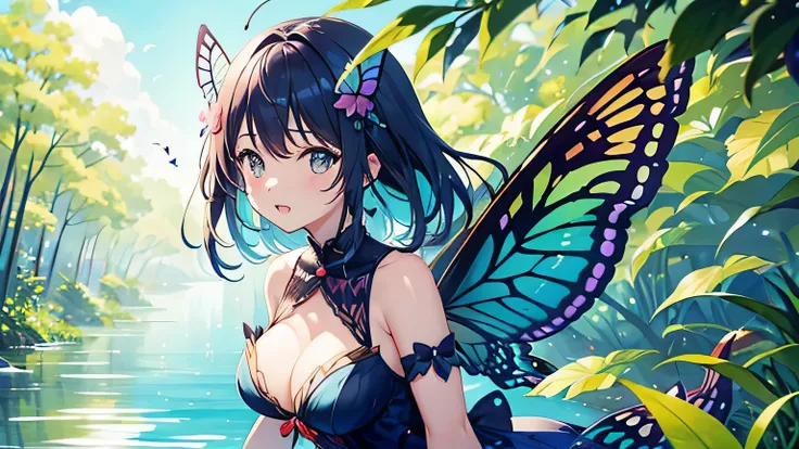 Cute Girl Characters、Depicts an overgrown butterfly lying and fluttering on the water&#39;s surface, Look up at the starry sky. Surround her with colorful nebulae and her favorite constellations.