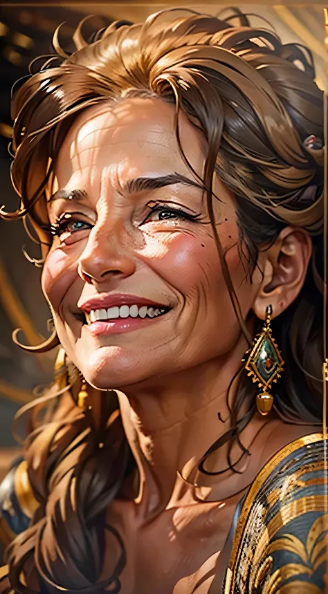 A gracefully aging philanthropic leader, her porcelain skin contrasting with earthy brown waves of hair. Renowned for her unwavering dedication to improving the lives of those around her, she is honored and celebrated by all. This striking portrait capture...