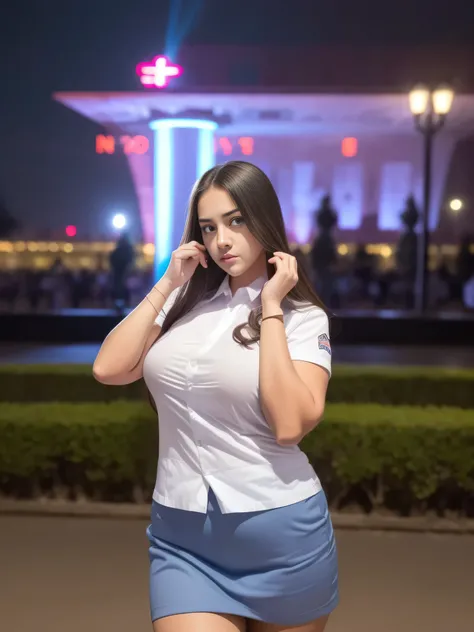 1girl, (uniform), standing, outdoors, night view, detailed Metropolitan city at the background, detailed face, cute angry face, detailed eyes, big breasts, smooth realistic skin, semi-curvy body, white shirt, grey blue miniskirt, looking at the audience, (...