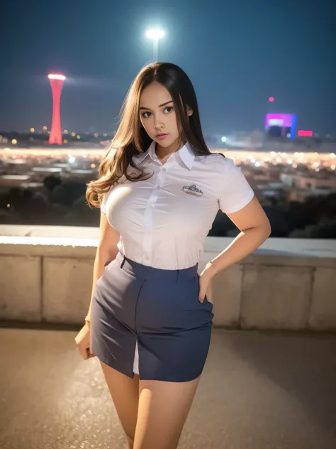1girl, (uniform), standing, outdoors, night view, detailed Metropolitan city at the background, detailed face, cute angry face, detailed eyes, big breasts, smooth realistic skin, semi-curvy body, white shirt, grey blue miniskirt, looking at the audience, (...