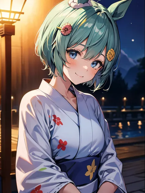 seiunsky, hairclip, hair flower, horse ears, horse tail, 1 girl, Solo, Cute Girl,Best Quality, Ultra-detailed, 8K, High resolution, detailed face, madeon, portrait, (((yukata))), looking at viewer, light smile, gentle smile, at night, 