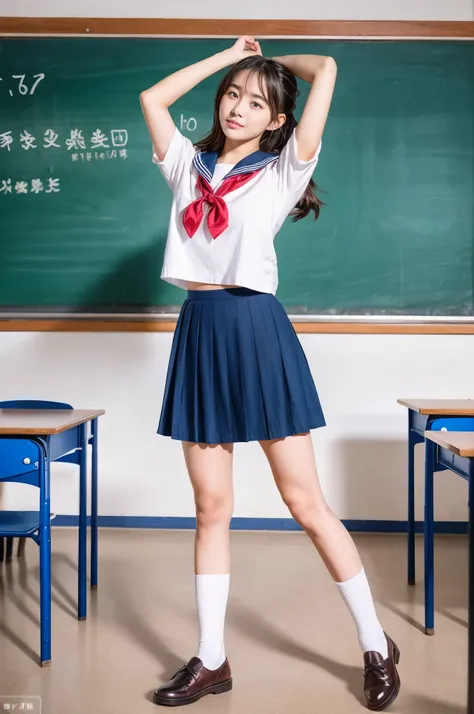 Raw photo , 1 girl  ,Wearing sailor uniform, (((ankle length skirt))), ((teen school girl lifting skirt in the classroom)) , professional photographer, (hdr:1.4), masterpiece, ultra-realistic 8k, perfect artwork, intrincate details, cute face, award winnin...