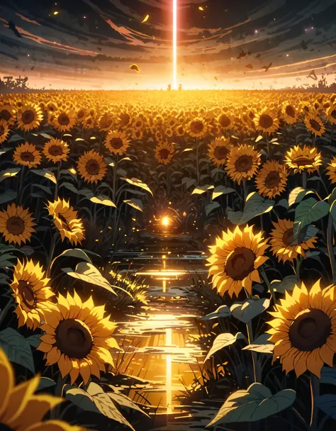 anime scenery, anime aestetics, huge sunflower, rotten sunflower, old farmfield, flies in the air, sad atmosphere, glowing light orange seeds, spiky stem, old flower, toxic swamp,toxic yellow fog, dim light, front view, wide shot, atmospheric perspective,...