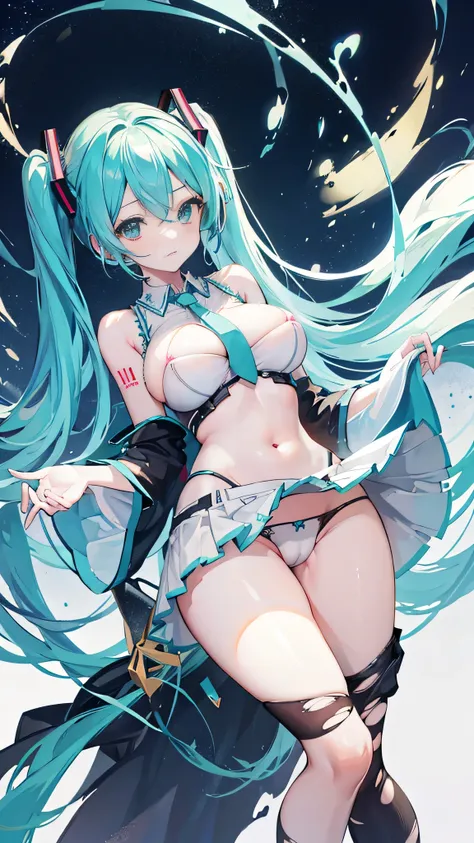 Hatsune Miku, huge tits , camel toe, torn clothes visible tits 