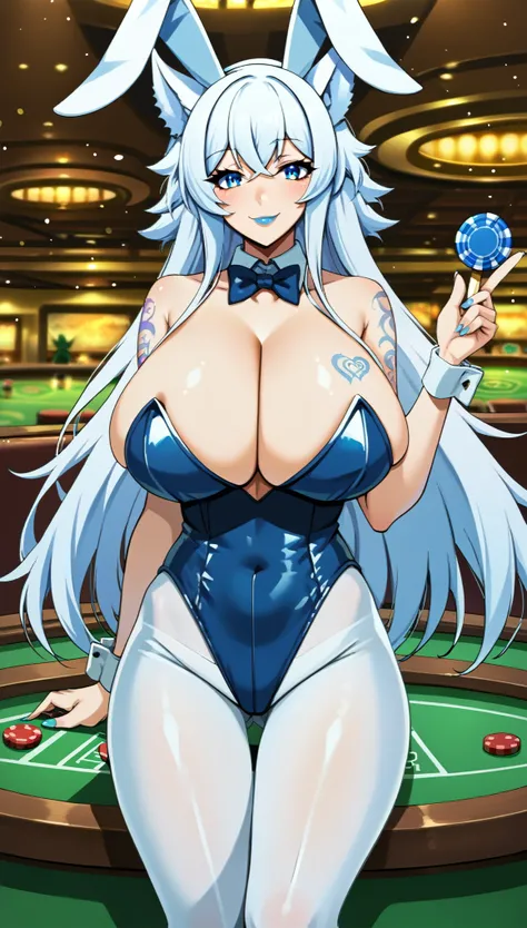 score_9, score_8_up, score_7_up, BREAK source_anime, anime, masterpiece, best quality, extremely detailed, 1girl, solo, fenrys, lv2karacheatdatta, lv2karacheatdattafenrys, (huge breasts), ((((white hair), long hair, blue eyes, animal ears))), blue lips, ((...