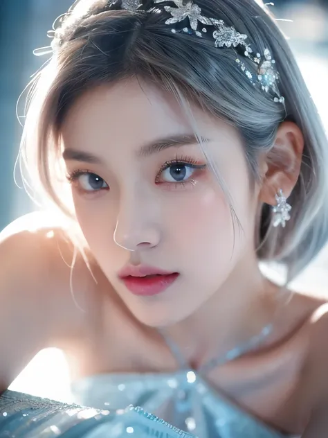 day, Princess of cupid and love,majestic,angelic,glamorous detiled dress,short white hair with light blue at the ends,white/lighr blue/blue/light pink/dark red colour pallete,pretty make-up,glamorous dress,Gorgeous,Jewelry,monochromes,goddess,dark Fantasy,...