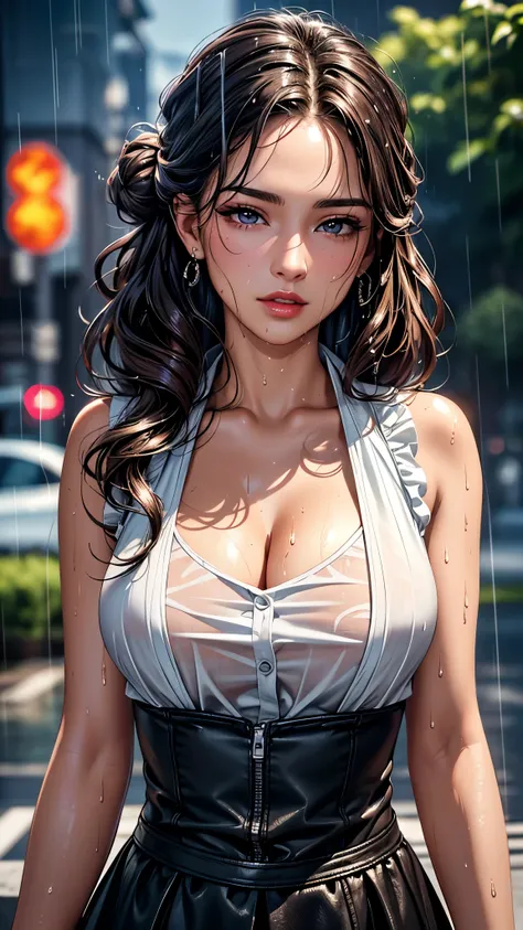 (best quality, 8K, masterpiece:1.3), pretty Woman, 1 girl, beautiful face, (Sexy), Dark brown hair, Half updo Half up half down, (wet from rain, wet by rain, wet :1.2), White vest, Ultra-detailed face, Detailed lips, super detailed eyes, double eyelids, lo...