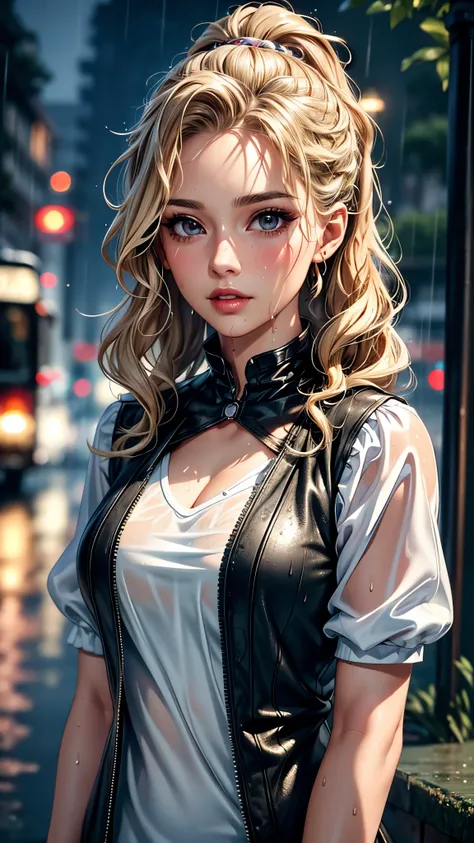 (best quality, 8K, masterpiece:1.3), pretty Woman, 1 girl, beautiful face, (Sexy), blonde hair, curly braided ponytail, (wet from rain, wet by rain, wet :1.2), White vest, Ultra-detailed face, Detailed lips, super detailed eyes, double eyelids, long upper ...