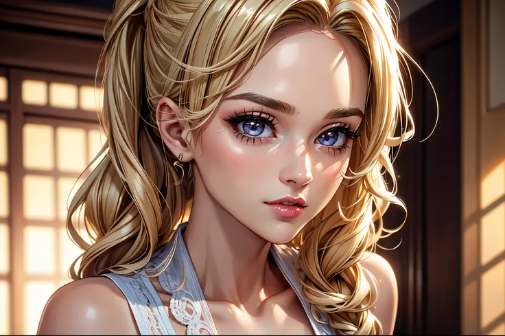 (best quality, 8K, masterpiece:1.3), pretty Woman, 1 girl, beautiful face, (Sexy), blonde hair, curly braided ponytail, White vest, Ultra-detailed face, Detailed lips, super detailed eyes, double eyelids, long upper eyelashes, Soft skin, HD skin, 8k, Super...