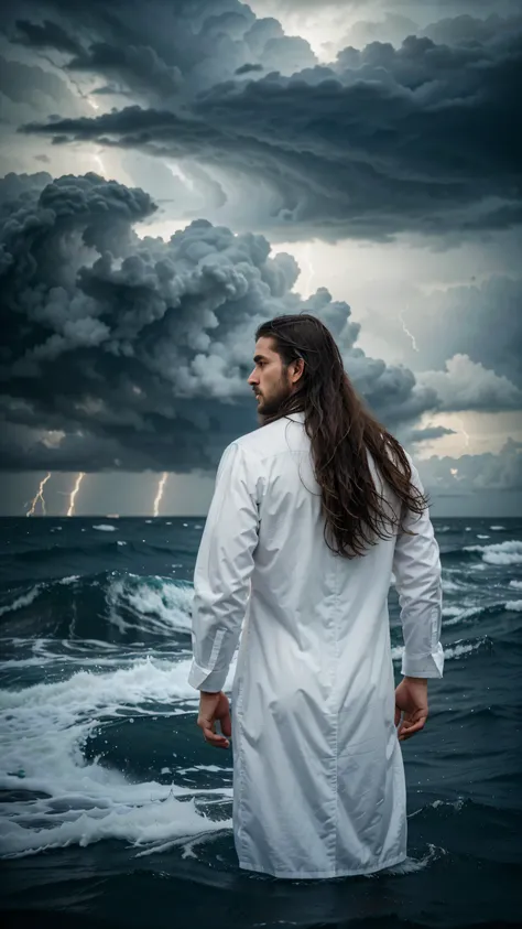 A pious man with long hair, dressed in white clothes, sits on the waters of the raging sea. Stormy dark cloudy sky. back view,back view,
Hyper-realistic photography, gentle soft natural lightning, real photo,Cinematic style,realistic environment,low contra...