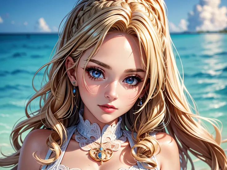 (best quality, 8K, masterpiece:1.3), pretty Woman, 1 girl, beautiful face, (Sexy), blonde hair, curly braided ponytail, White vest, Ultra-detailed face, Detailed lips, super detailed eyes, double eyelids, long upper eyelashes, Soft skin, HD skin, (Maldive:...