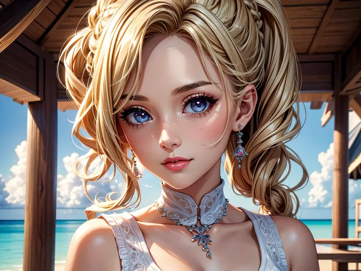 (best quality, 8K, masterpiece:1.3), pretty Woman, 1 girl, beautiful face, (Sexy), blonde hair, curly braided ponytail, White vest, Ultra-detailed face, Detailed lips, super detailed eyes, double eyelids, long upper eyelashes, Soft skin, HD skin, (Maldive:...