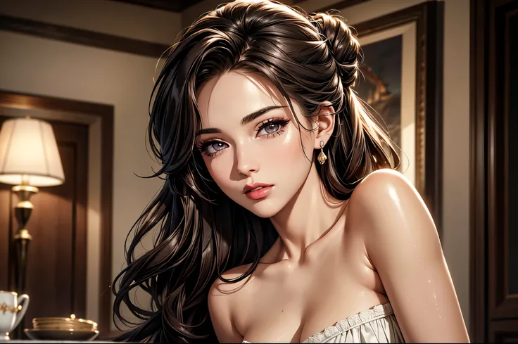 (best quality, 8K, masterpiece:1.3), pretty Woman, 1 girl, beautiful face, (Sexy), Dark brown hair, Half updo Half up half down, Ultra-detailed face, Detailed lips, super detailed eyes, double eyelids, long upper eyelashes, Soft skin, HD skin, Sabah, Sea H...