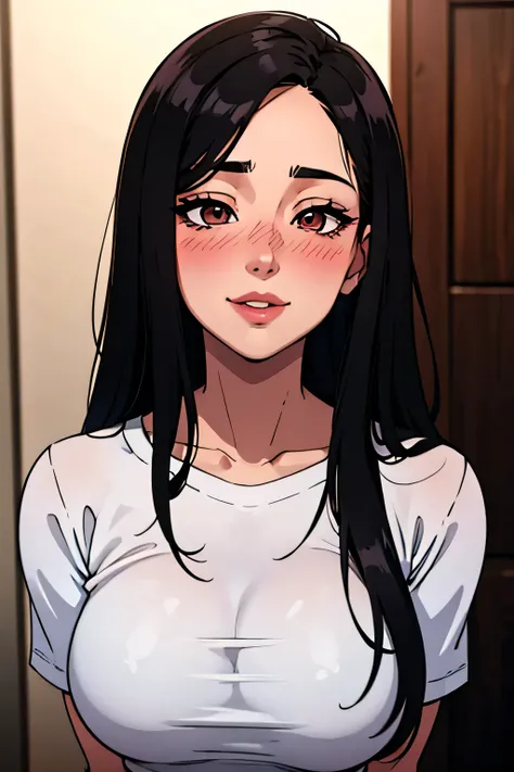 Amazing portrait of a sexy and cute woman with a beautiful face with black brown long straight hair and weak eyes wearing a long oversized white shirt glancing at us and blushing intensely and smiling at us while looking tantalizingly sexy standing very cl...