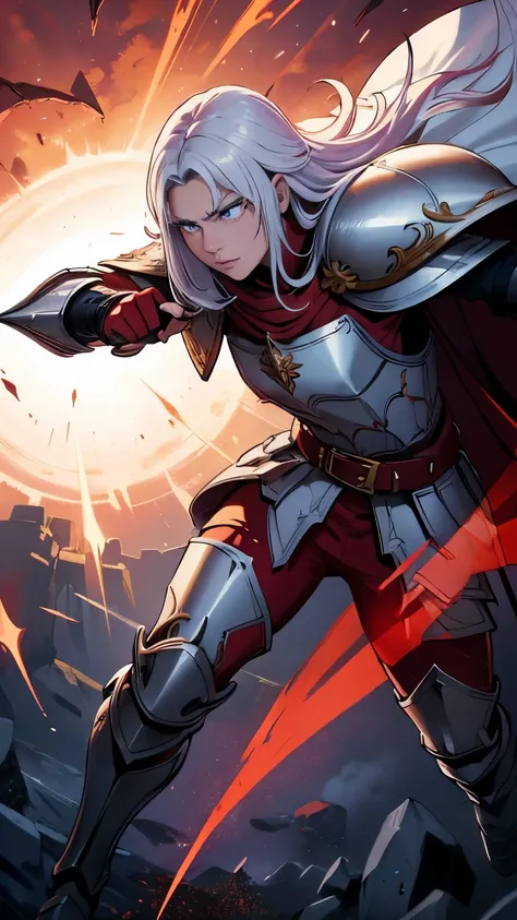 a highly detailed digital painting of a man wearing Roman soldier armor, with long white hair, purple eye color and a red cape, White background, intricate armor details, dramatic lighting, film composition, Epic scale, shiny metal armor, Fluttering red ca...