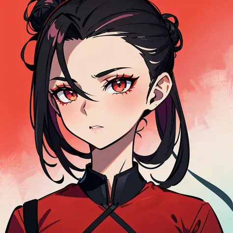 amazing portrait of a sexy woman with her hair tied back in a high bun with her eyes emphasised by smokey eyeliner wearing a red...