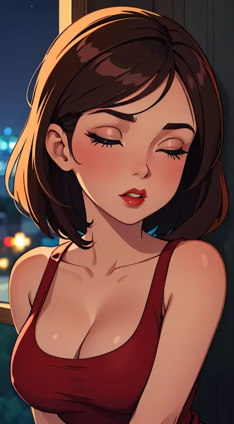 Amazing portrait of a sexy woman with short brown hair that is middle parted with lots of makeup during night time with soft lighting showcasing her perfect red lips wearing a loose blue tank top and black short shorts