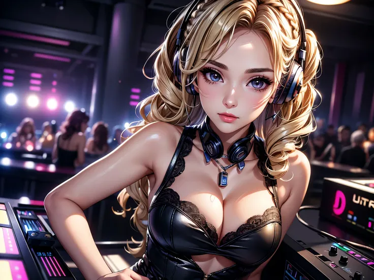 (best quality, 8K, masterpiece:1.3), pretty Woman, 1 DJ girl, beautiful face, (DJ girl at nightclub, Super popular DJ player, Enjoy operating DJ equipment:1.2), (Sexy), blonde hair, curly braided ponytail, (Stylish clothing), Wear headphones, Displaying th...