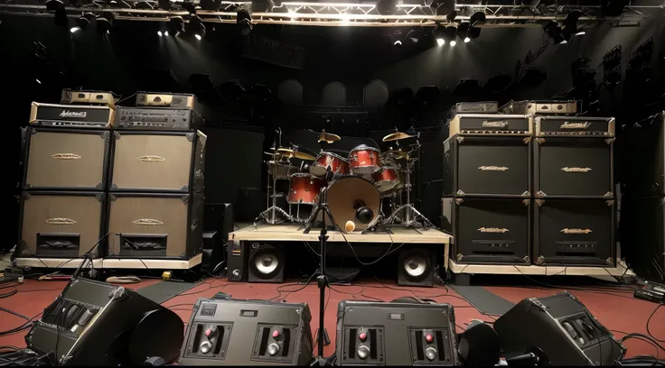 arafed stage with a drum and a few amps on it, stage, on rock concert stage, drumkit, empty stage, captured on iphone, symetry!!, !! very coherent!!, high resolution!!, the backrooms are empty, touring, on the stage, ground-level view, ground - level view,...