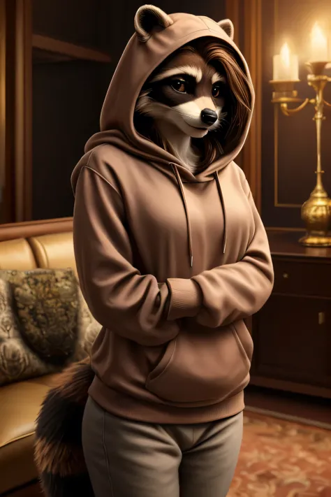 ((high quality)), ((masterpiece)), 8k, alone, Young woman, furry art, Raccoon, tender pose, background of the living room of a luxurious house, hooded sweatshirt, without pants, beautiful art, realistic art, hairy body, long brown hair, very high quality