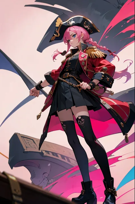 Francis drake,francis drake, blue eyes, long hair, pink hair, scar, braid, belt, black footwear, boots, corset, epaulettes, hat, jewelry, necklace, pirate, pirate hat, shirt, thighhighs, wrist cuffs, jacket, red jacket, Francisco Drake, olhos azuis, cabelo...