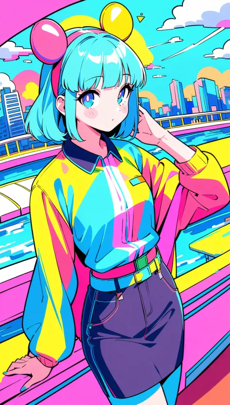 masterpiece, Highest quality, Beautiful attention to detail, Very detailed, In detail, High resolution, Perfect Anatomy, colorful, pastel colour, One girl, alone, (City pop illustrations), (City Pop Art), Simple Background, Retro Style, (Vaporwave City Pop...