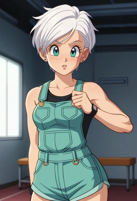 pregnant alien anime girl with white hair with light green skin tone short hair with bangs on her forehead and the iris of her e...