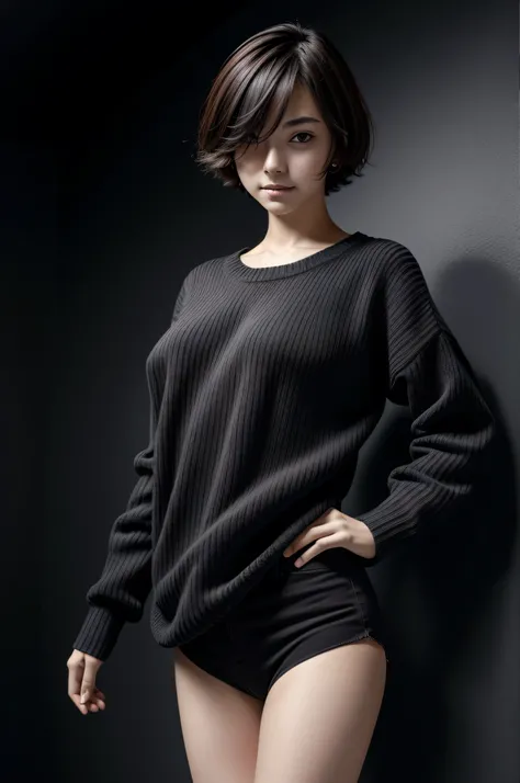 (high quality, best quality), full body portrait, hentai, dark theme, black background, large breasts, chestnut hair , aquamarine eyes, choppy bob, cream skin, short hair length, standing pose, sweater, skinny,