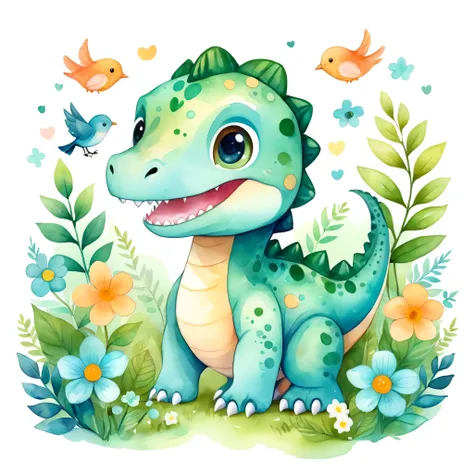 graphic design, watercolor painting flat illustration style, This illustration depicts a baby Tyrannosaurus in a kawaii style, big eyes with a friendly and playful design. The dinosaur is smiling and is depicted amid lush vegetation, with flowers and a sma...